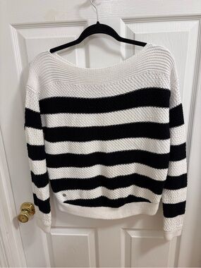 Lauren Ralph Lauren black and white striped cotton knit boatneck sweater.